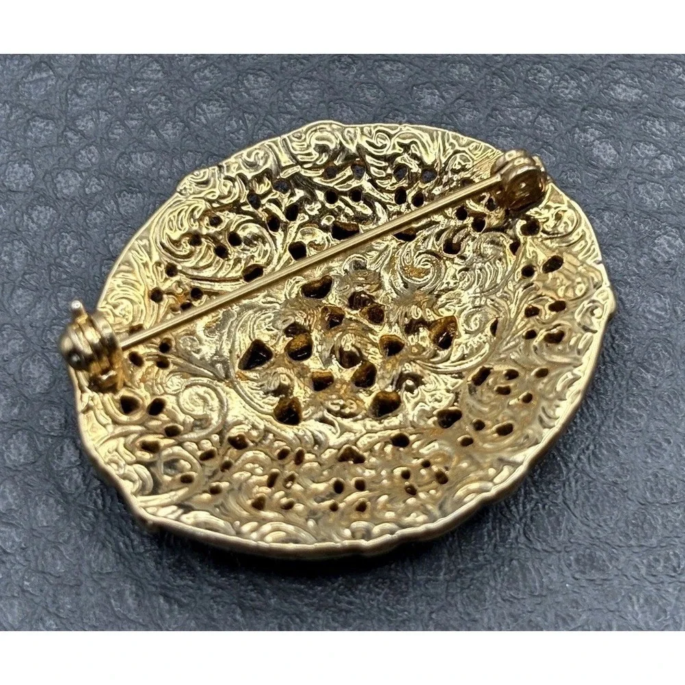 Vintage 1928 Brand Gold Tone Clear Rhinestone Filigree Brooch Pin Art Deco Style